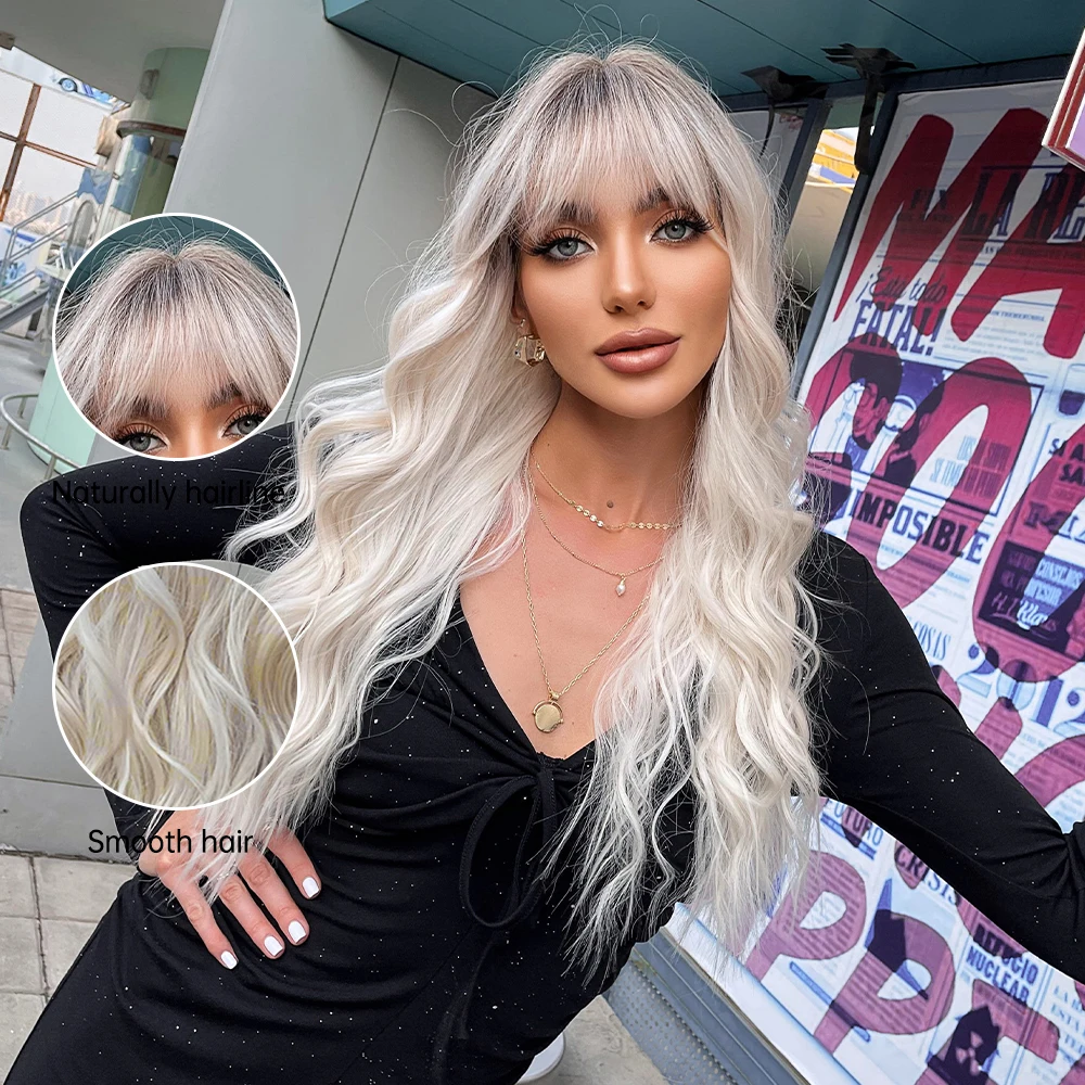 LOUIS FERRE Long Platinum Wave Synthetic Wig for White Women Ombre Light Blonde Wigs With Bangs Daily Cosplay High Temperature