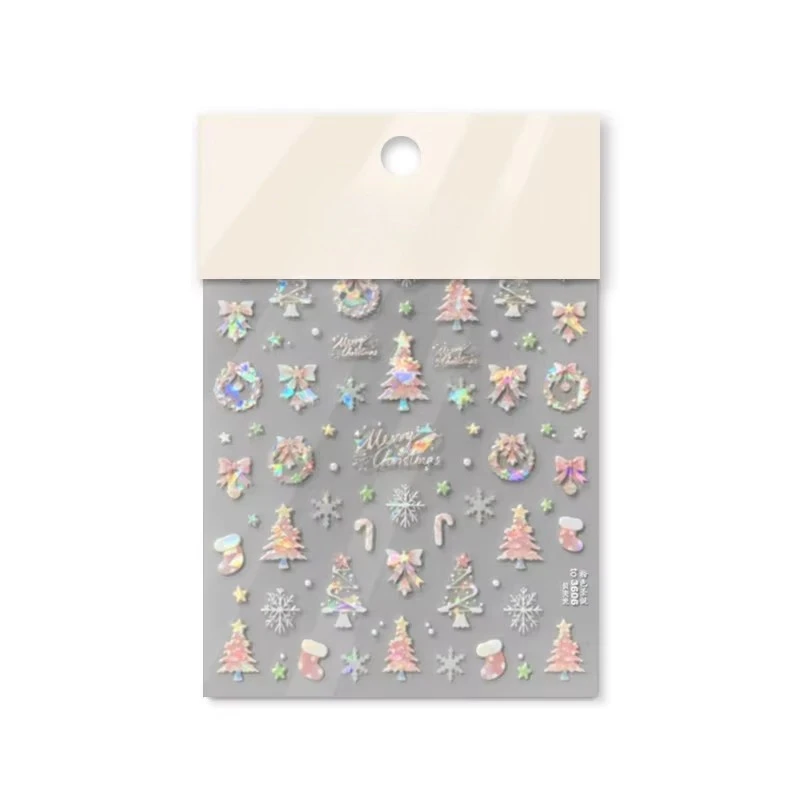 PinkSnowflake Christmas Tree Nail Art Stickers Cute Snowflake Stars Self-Adhesive Nail Art Stickers 5D Embossed Nail Art Sticker