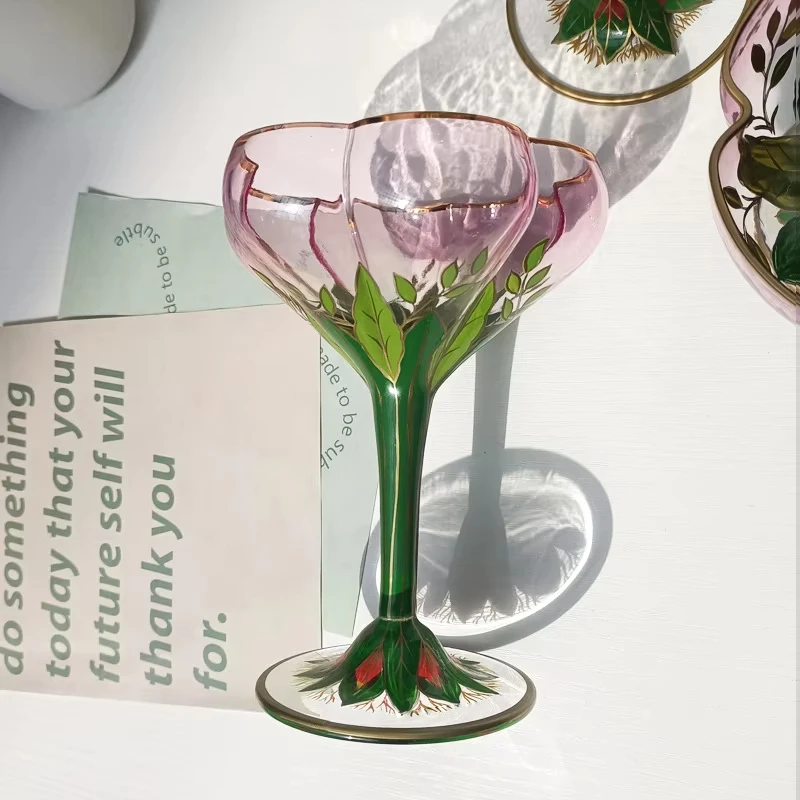 

Austria Colore Light Luxury Pink Hand Painted Crystal Glass Champagne Wine Glasses Red Wine Cup Flower Goblet Ice Cream Bowl