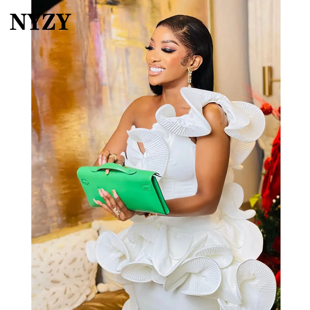 NYZY C355 Customized 2025 Satin Ruffles Tea-Length Off White Cocktail Dress for Party Prom Evening Birthday