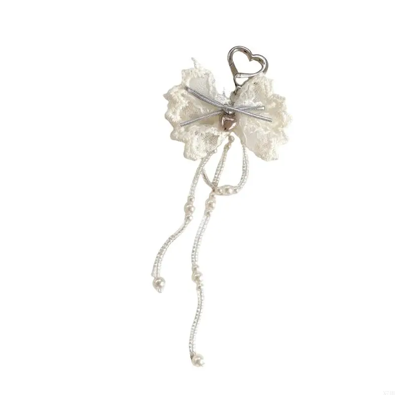 Bowknot Keychain With Lace Trim And Silver Heart Pendant Stylish Holder For Teen Girls Fashion Accessory