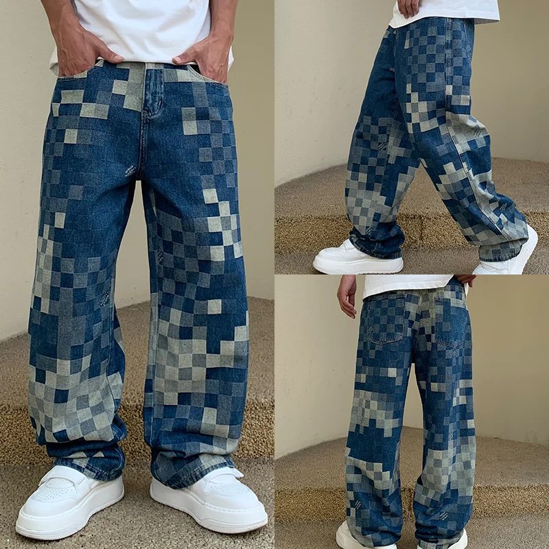 Mosaic checkerboard jeans, men's fashionable and personalized design, loose straight leg street hip-hop Y2K unique trendy pants