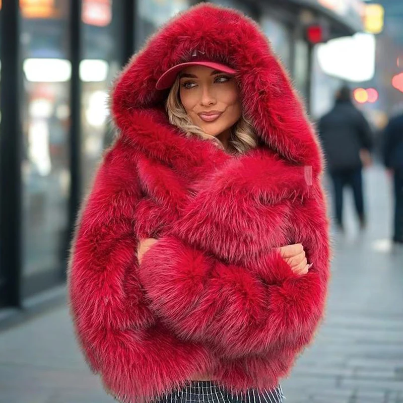 

Tornova Red Hooded Faux Fox Fur Coat Women's Fashion Loose Long Sleeves Plush Thick Jacket Winter New 2025 High Street Female