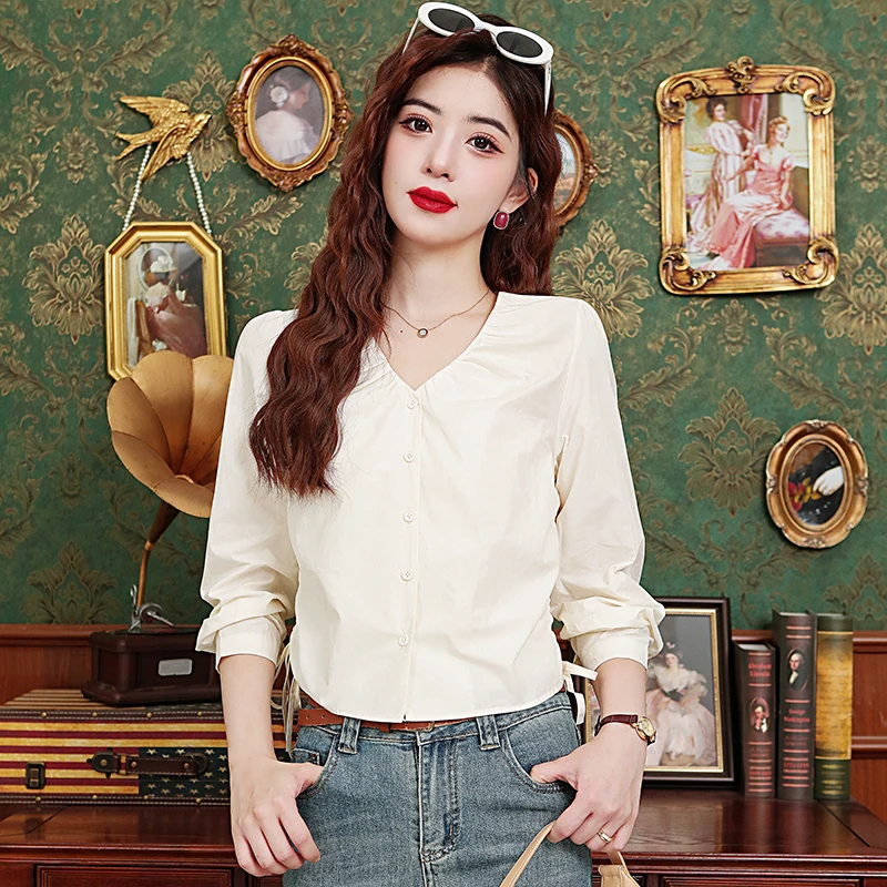 

Women's V-Ne Dstring Long Sve irt Spring Autumn 2025 New Small Size Loose ort Unique Faion Top Korean Sle Com...