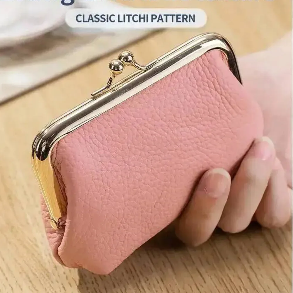Lady Coin Wallet Cowhide Mini Coin Purse For Women Lady Small Bag Lychee-patterned Clip With Card Slots Woman Coin Wallet