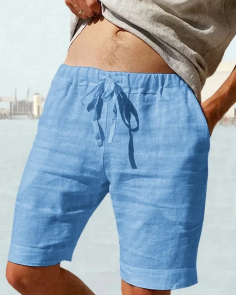 

Summer Men’s Linen Shorts Breathable Loose Fit Drawstring Elastic Waist Quick Dry Beach Sports Pants M-5X