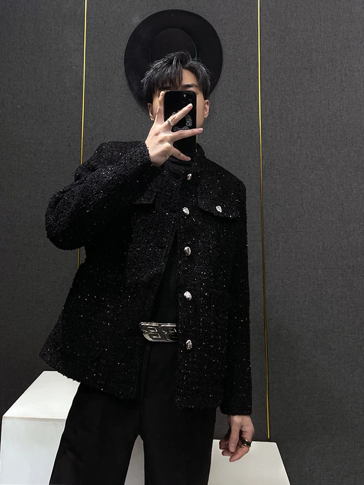 

Men's Loose oulder Pad Jaet Thi Tweed Outerwear Spring Autumn Korean Sle round Ne Single Button Casual Coat
