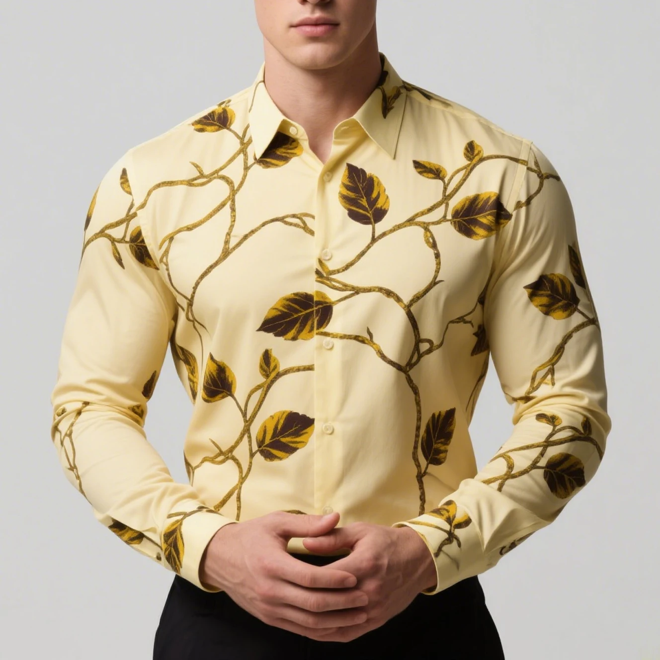 Camisa con estampado de hojas de plantas de color claro para hombre, camisa estampada con imagen geométrica, solapa de manga larga, top informal de negocios sencillo para fiesta al aire libre