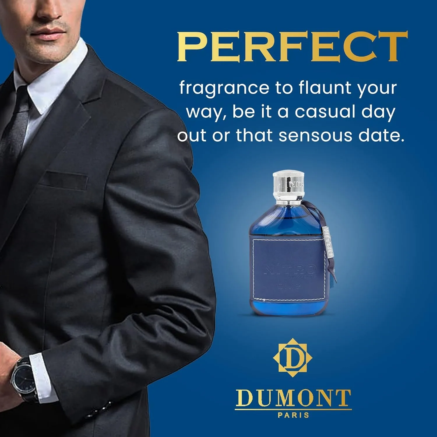 Dumont Nitro Blue - Fresh Aquatic Floral Woody Fragrance - Luxurious Long Lasting Scent -  3.4 Oz Eau De Parfum for Men view 5