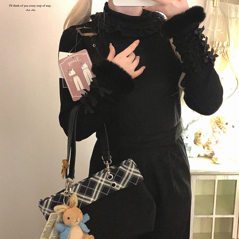 المرأة الحلو لوليتا الخريف قميص طويل الأكمام الصلبة طويلة الأكمام تقليم المحملة Kawaii الدانتيل وهمية الرقبة نمط Preppy بلوزة