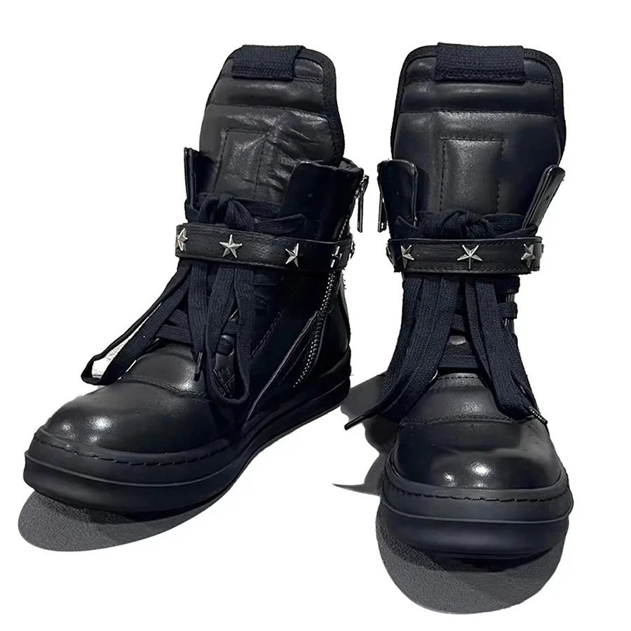 High-Top Sneakers for Men All Black Leather Wide Laces Star Stud Strap Lace Up Platform Gothic Streetwear Footwear
