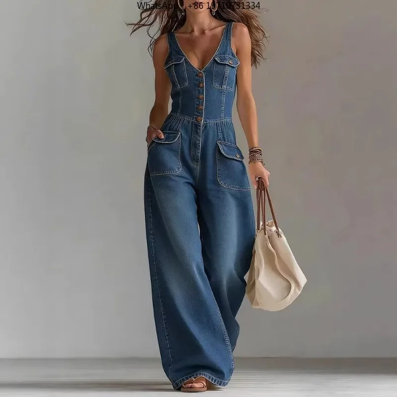 Women Denim Suspender Jumpsuit Sleeveless Single Breasted Straight Leg with Pockets High Street Party Outfit