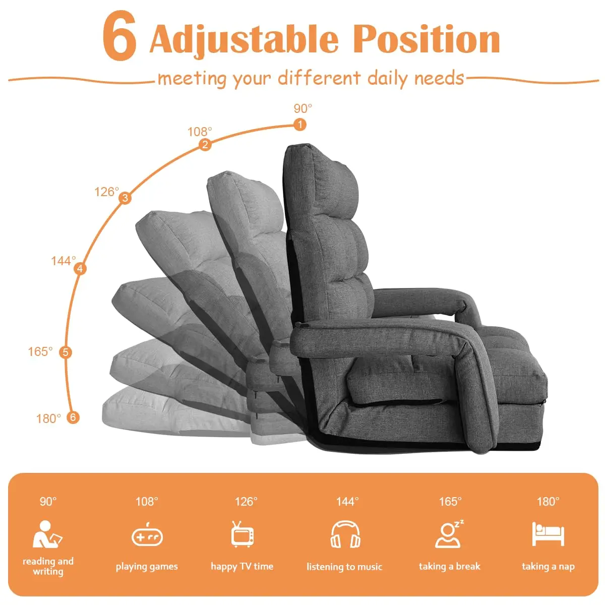 Floor Gaming Chair 6-Position Adjustable Padded Folding Lounge Sofa with Armrests & Pillow for Teens Adults, Customized