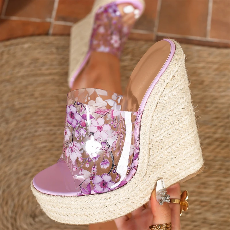 Eilyken PVC Transparent Flower Open Toe Platform Wedges Women Slippers Designer Twine Weave High Heels Banquet Slide Shoes view 2
