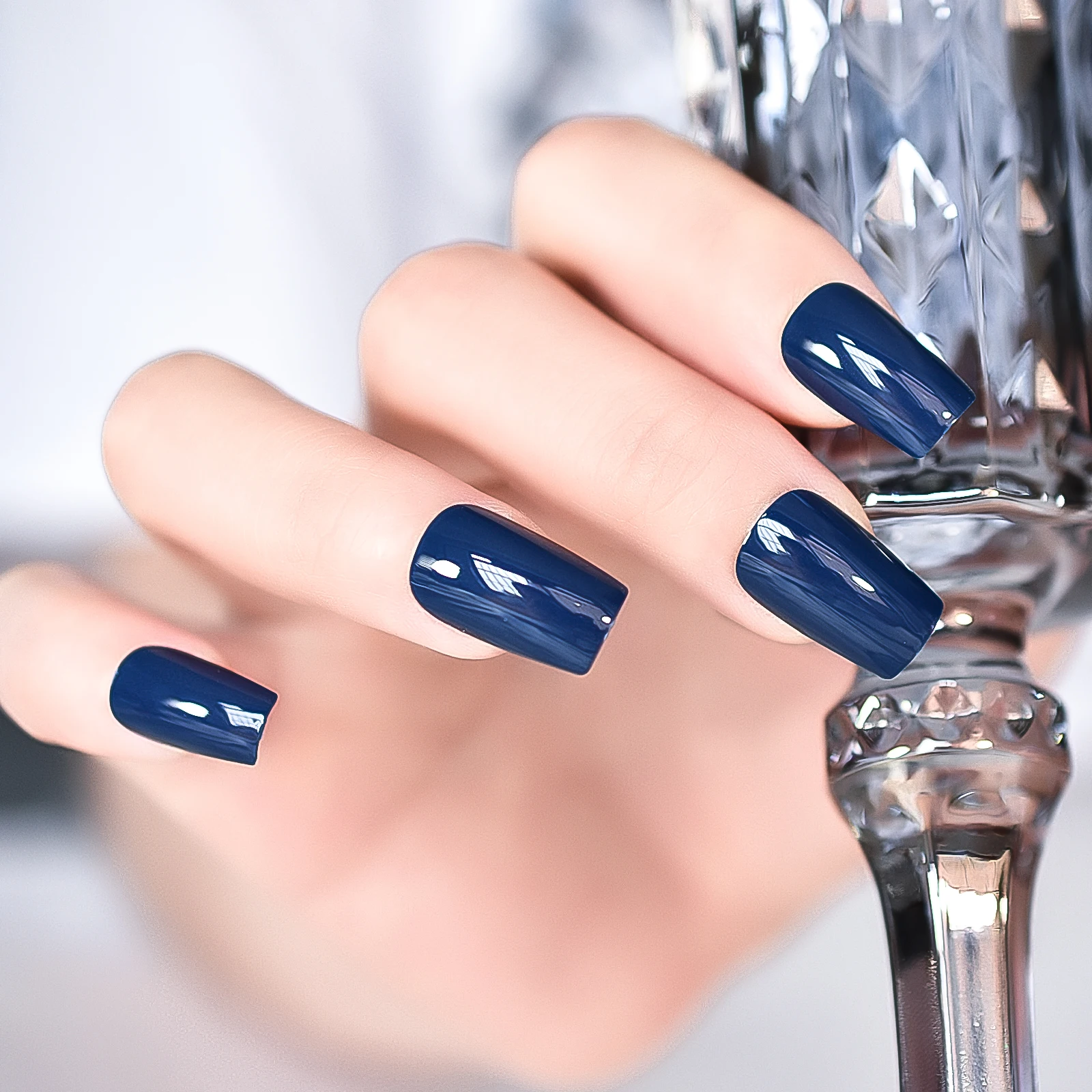 Glossy Dark Blue Press On Nails Square Medium Lenght Nails Salon Manicure Gel Polish Cover Nail Art Tips Fake Nails