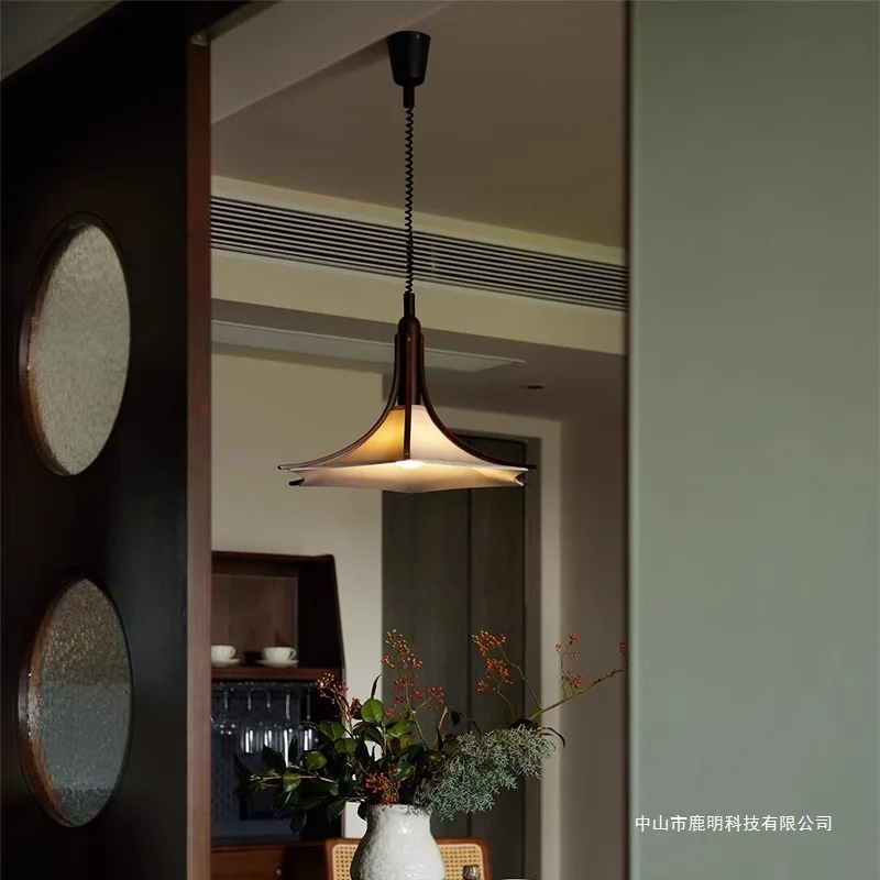 Lifting Solid Wood Chandelier Retro Wabi-sandy Wind Adjustable Retractable Tea Room Dining Table Fabric Study Restaurant Light