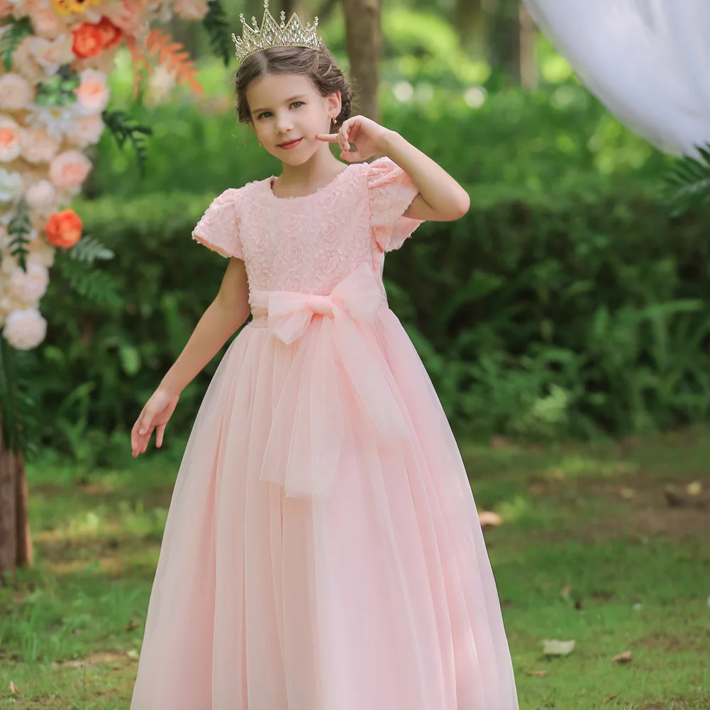 Children\'s Princess Dress Rose Bow Solid Color Christmas Wedding Flower Girl Piano Performance Dress Long Shaggy Skirt