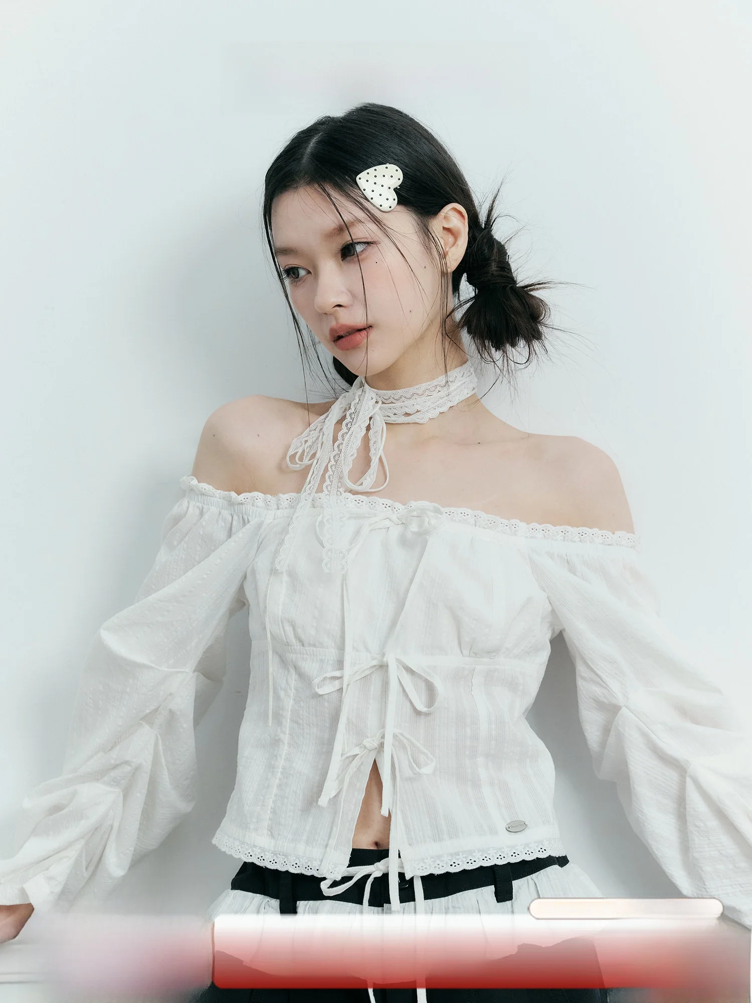 Guukahero White One-Shoulder Short-Length Long-Sleeve Shirt for Women Beautiful  Shoulder Top Princess Fit  Knot