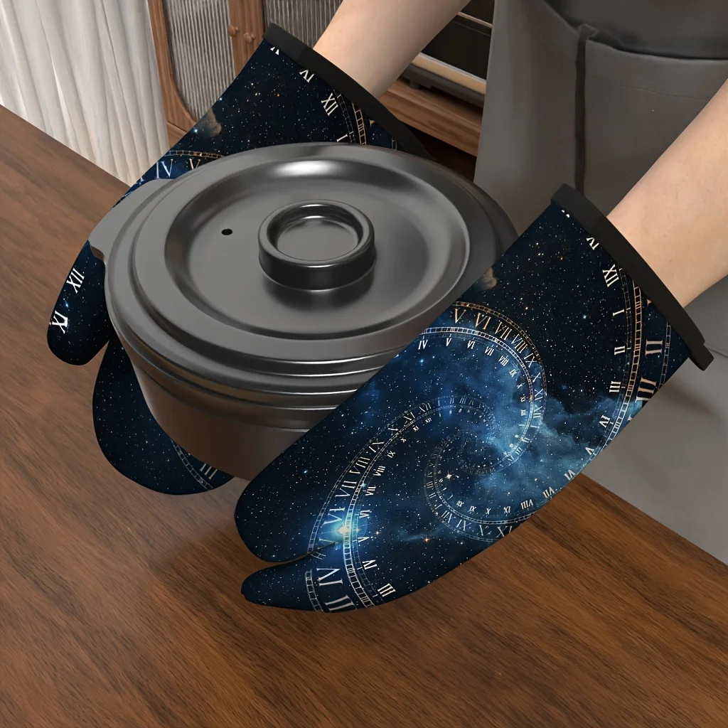Starry Sky Clock Universe Pattern Oven Gloves 2pcs Set Heat Resistant for Kitchen Baking Home