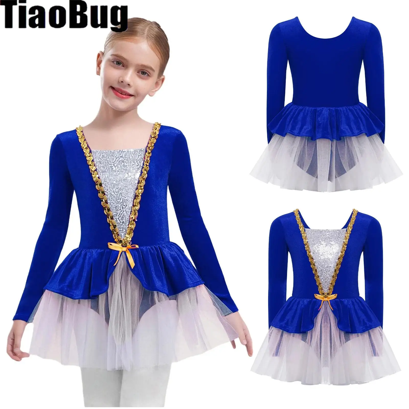 

Kids Girls Ballet Dance Dress Shiny Sequins Long Sleeves Patchwork Velvet Tutu Dress with Built-in Briefs for Figure Skating