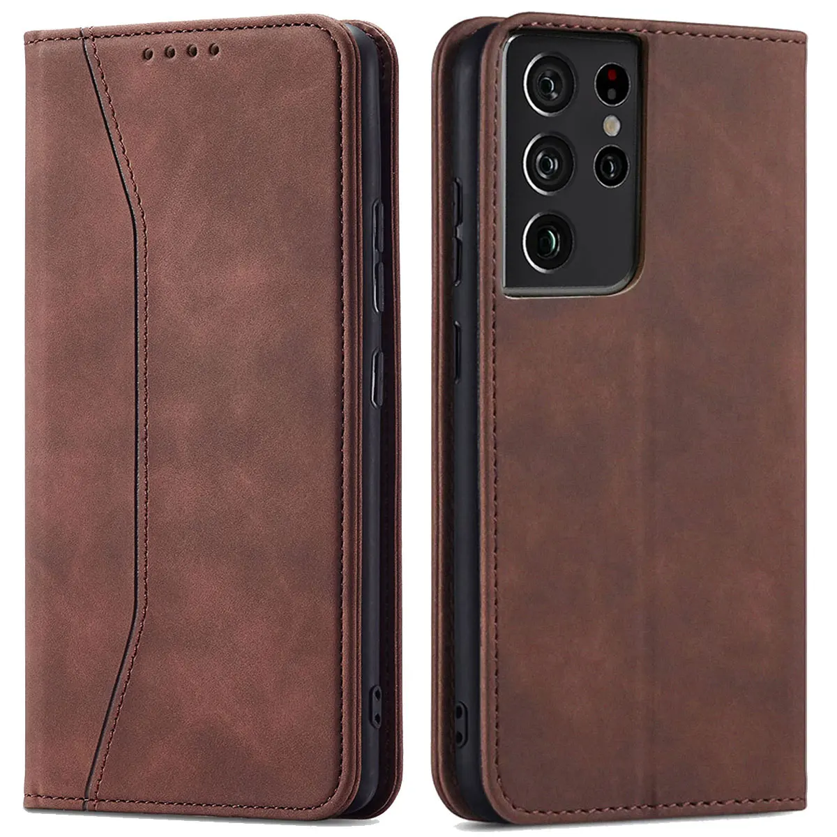 For Samsung Galaxy S21/S21 Plus/S21+/S21 Ultra/S21 FE 5G Leather Case Rugged Phone Flip Card Slots Magnetic Cover Dark Brown