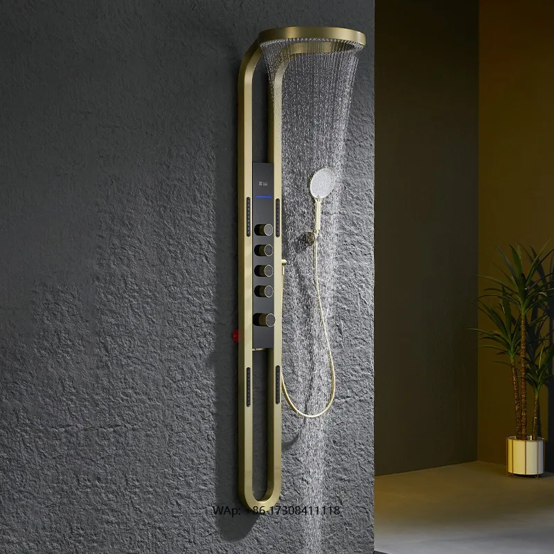 Brushed Gold Shower Head Light Emitting Diode Multifunctional Shower System Bathroom Set Luxury Waterfall Shower Panel Column