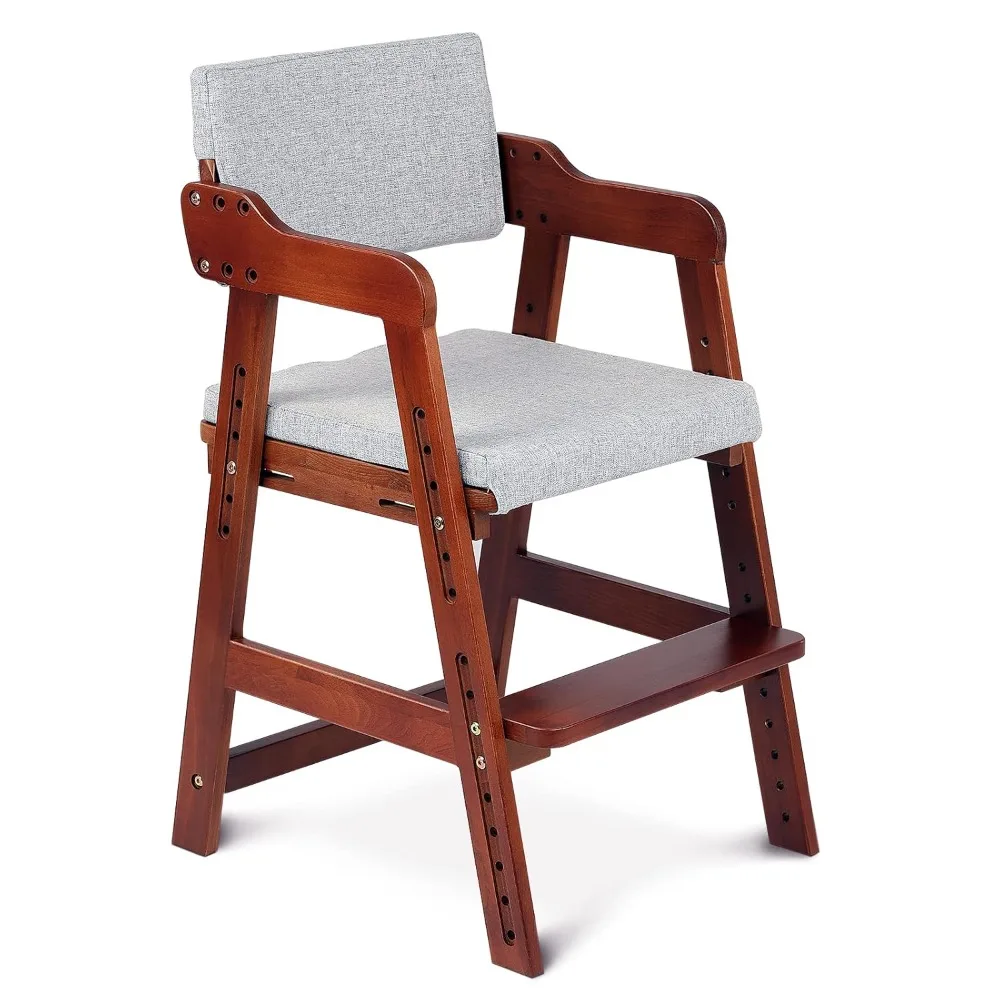 

Wooden High Chair for Toddlers to Teens, Adjustable Kids Study & Dining Chair with Steps and Removable Cushion (Nut-Brown)