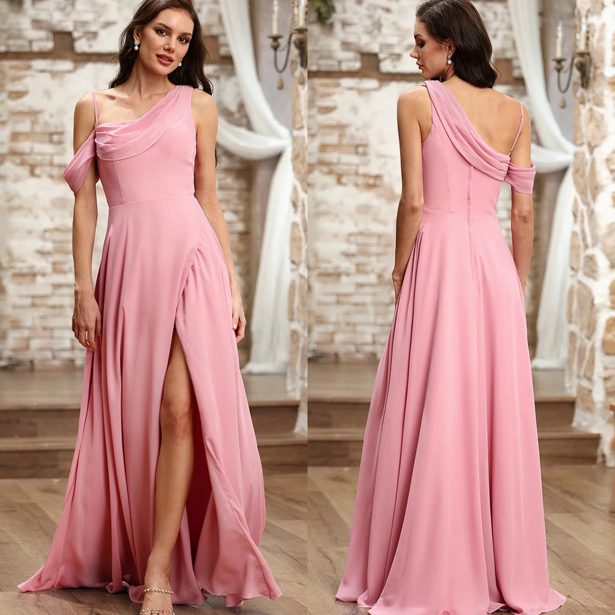 

Customized Fashion Formal Chiffon Pleat Ruched Draped A-line Off-the-shoulder Long Dresses Bespoke Occasion Dresses Exquisite