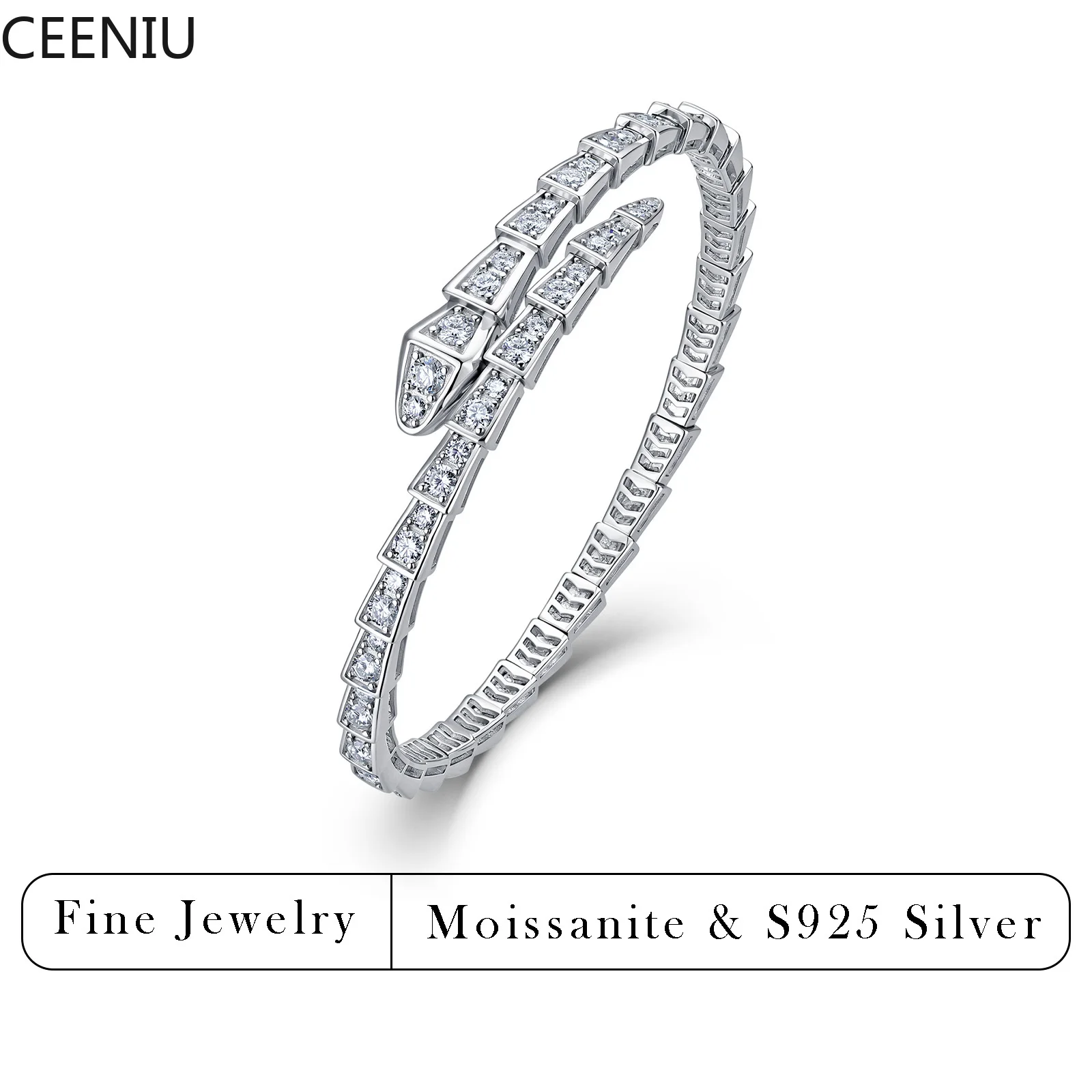 3.4CTW Moissanite Snake Stretch Bangle S925 Sterling Silver Flexible Serpent Bracelet For Women Wedding Party