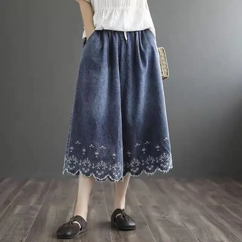 Women Wide-legged Pants Denim Short Pants  Embroidery Casual Trouser Woman Clothing High Waisted Loose Fit Casual Solid Design