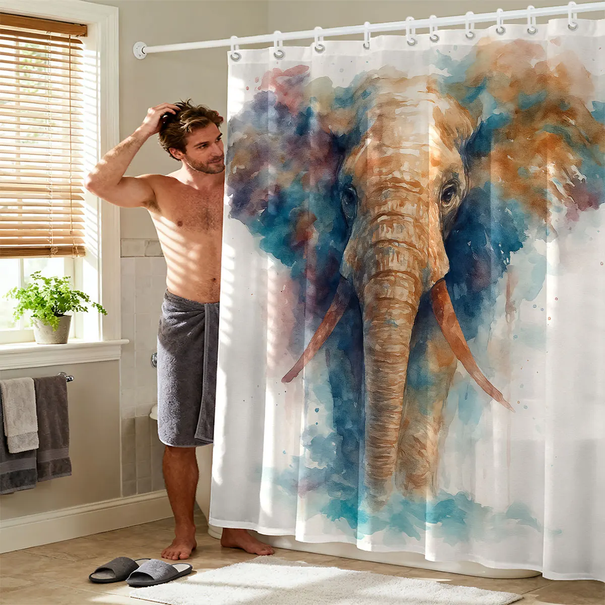 1 piece waterproof shower curtain with an elephant pattern, featuring 12 hooks can be machine-washed (rod not included)