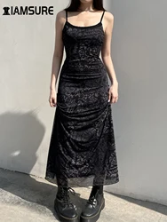 IAMSURE Ciemna sukienka z koronkowym wykończeniem z nadrukiem Gothic Vintage Slim Slash Nekc Sukienki Maxi bez rękawów dla kobiet 2024 Fashion Holiday