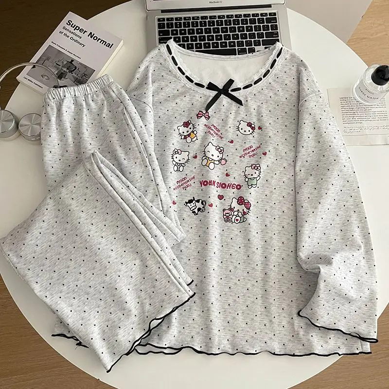 

Women Hello Kitty Velour Pajama Set Round Neck Winter Loungewear Cozy Sleepwear Home Outfit Cute Cartoon Sleep Set