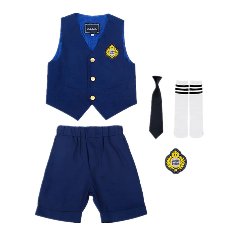 Fato de aniversário de manga curta infantil, uniforme escolar, floreado, vestido de casamento, estilo tailandês, colete, infantil, verão