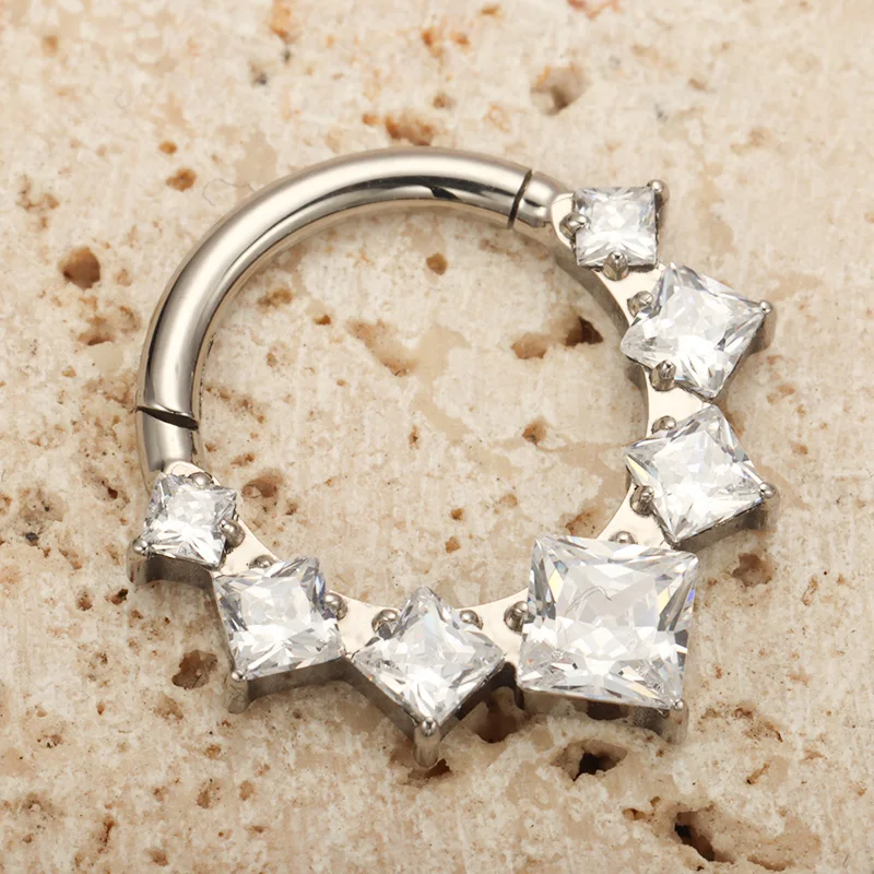Implant Grade F136 Titanium Luxury Square Zirconia Nose Rings Piercing 16G Clicker Hinged Segment Hoop Ring Helix Daith Earring