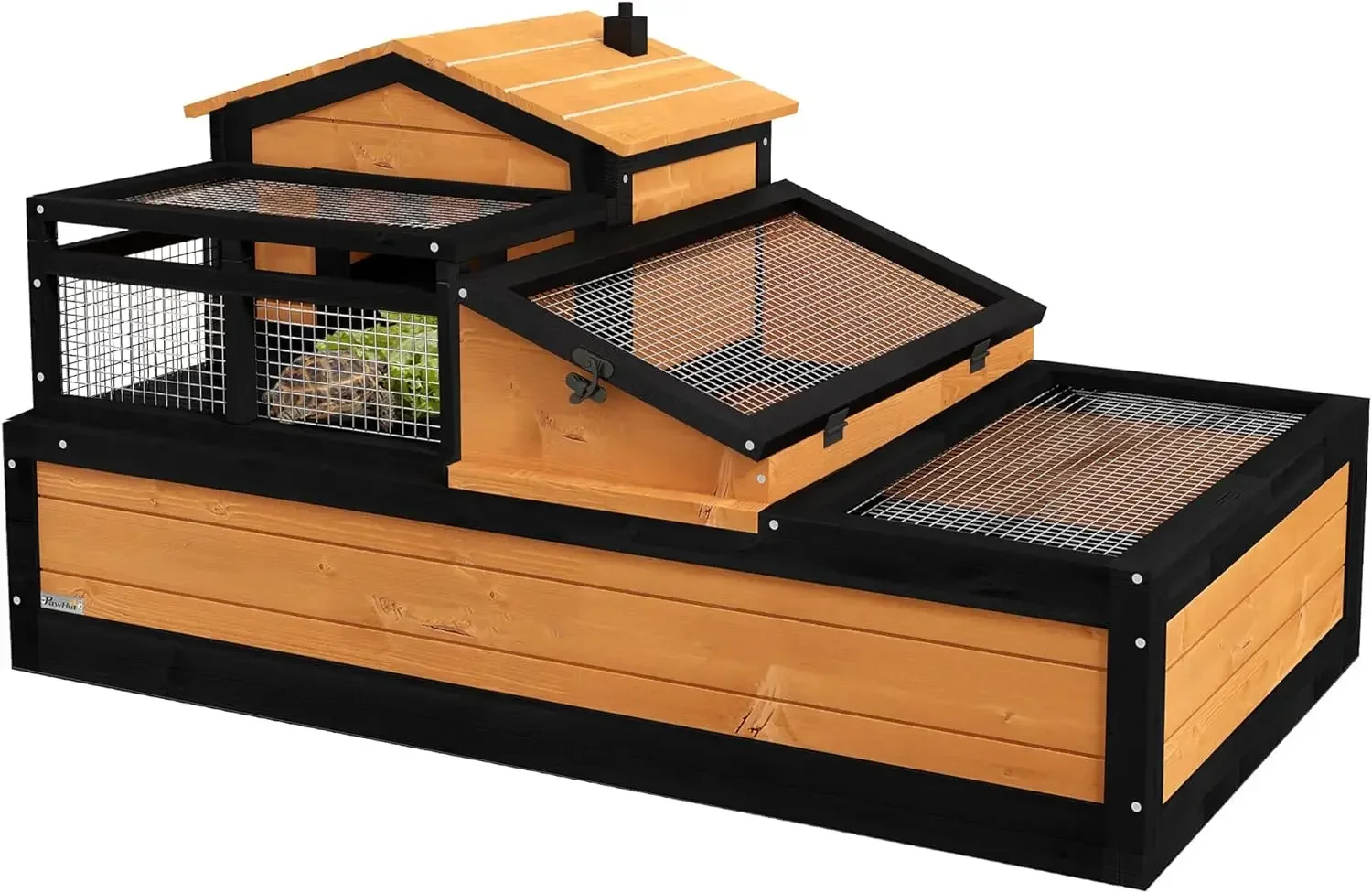 3-Room Tortoise House Habitat with Balcony & Stories, Indoor/Outdoor Wooden Tortoise Enclosure with Ladder,Large Reptile Cage