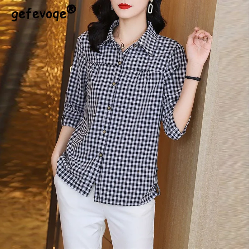 Elegant Plaid Print Loose Turn Down Collar Cotton Button Up Shirt Women Fashion Casual Half Sleeve All Match Ladies Tops Blouses