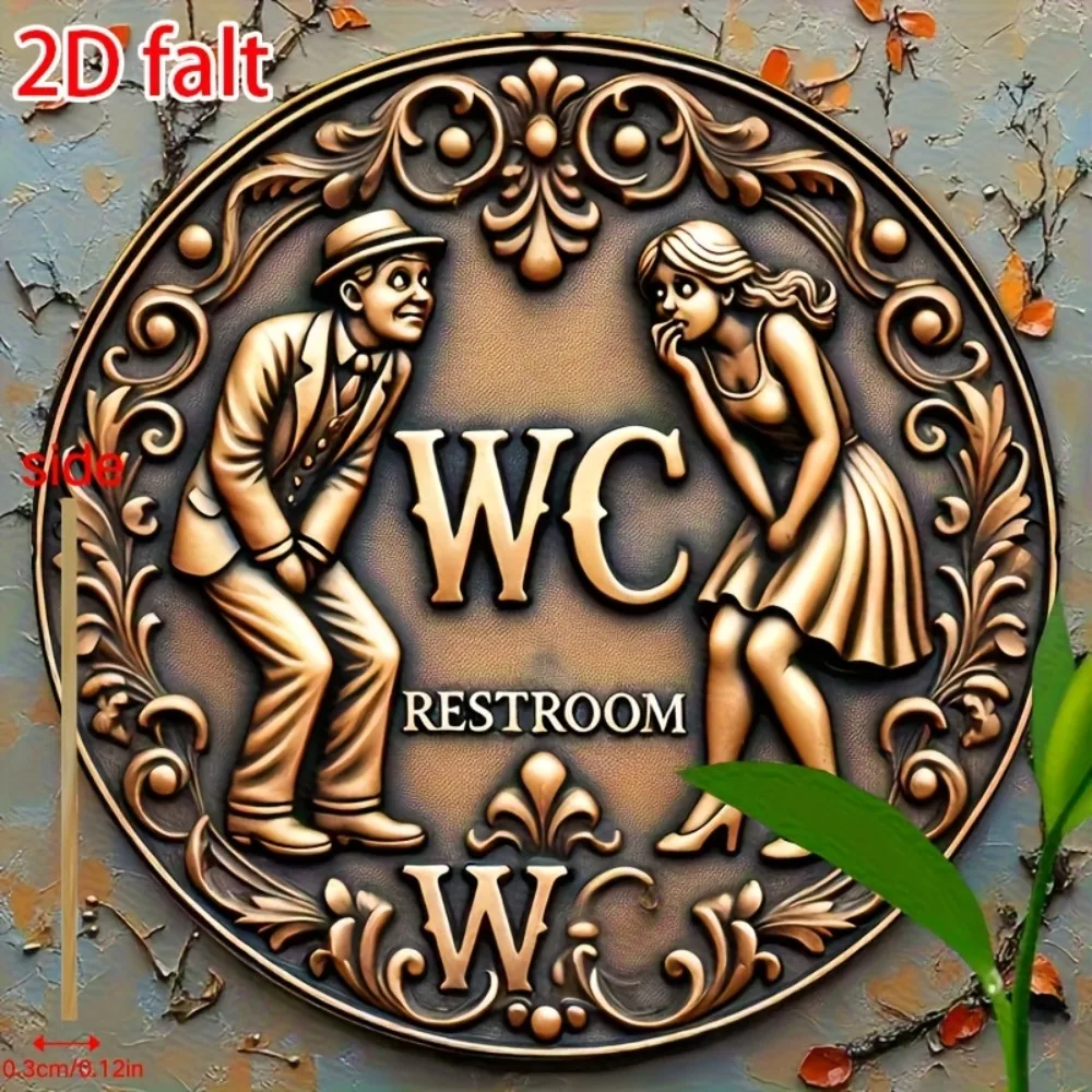 2D Flat Vintage Round Wooden Toilet Sign - 2D Wall Art, Easy to Hang, Home Kitchen Bathroom Hotel Office Decor