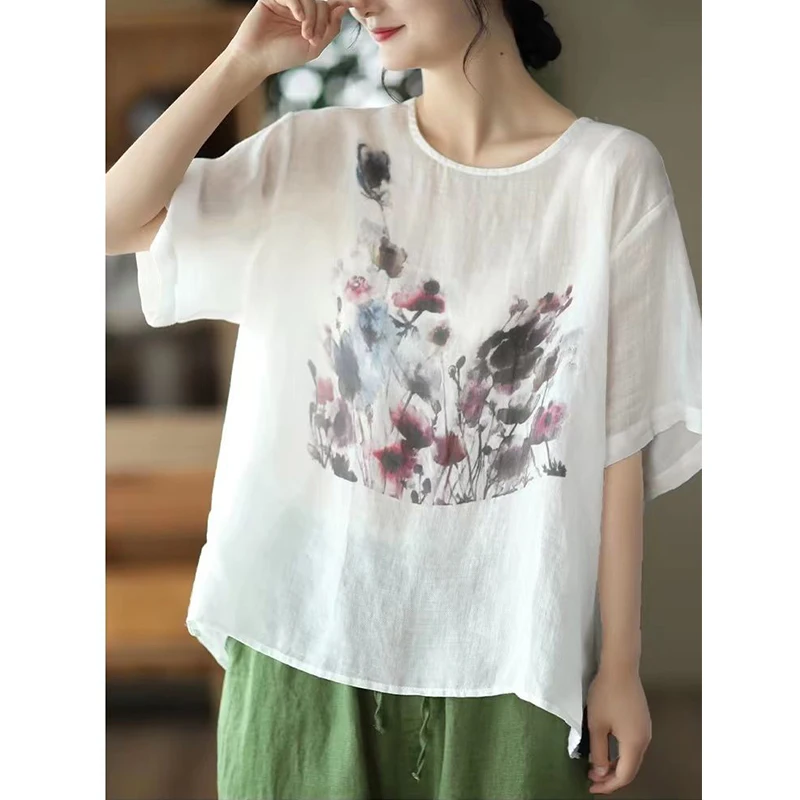 Summer New Fashion Loose Casual Ink Print Cotton Linen T-shirt Ladies Comfortable Short Sleeve Pullover Top Women All-match Tee