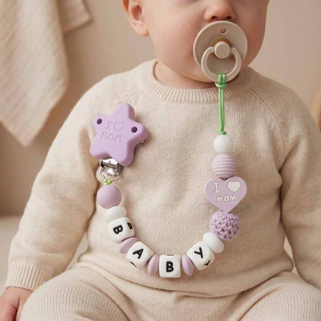 Handmade Purple Silicone Baby Teether Holder Personalized Pacifier Clip Custom Name BPA Free Dummy Chain Shower Gift