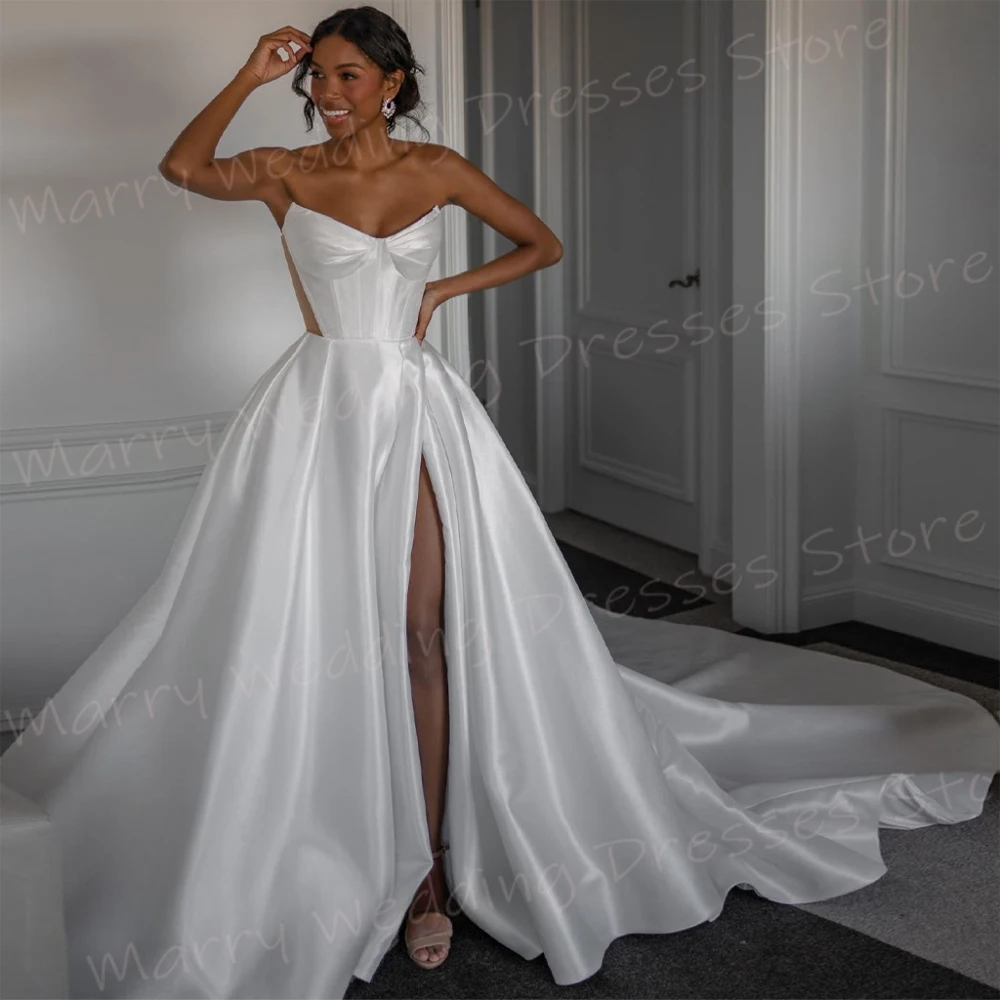 

Simple Elegant A Line Women's Wedding Dresses Sexy Strapless Sleeveless Bride Gowns Fascinating Side Split Vestidos Novias Boda