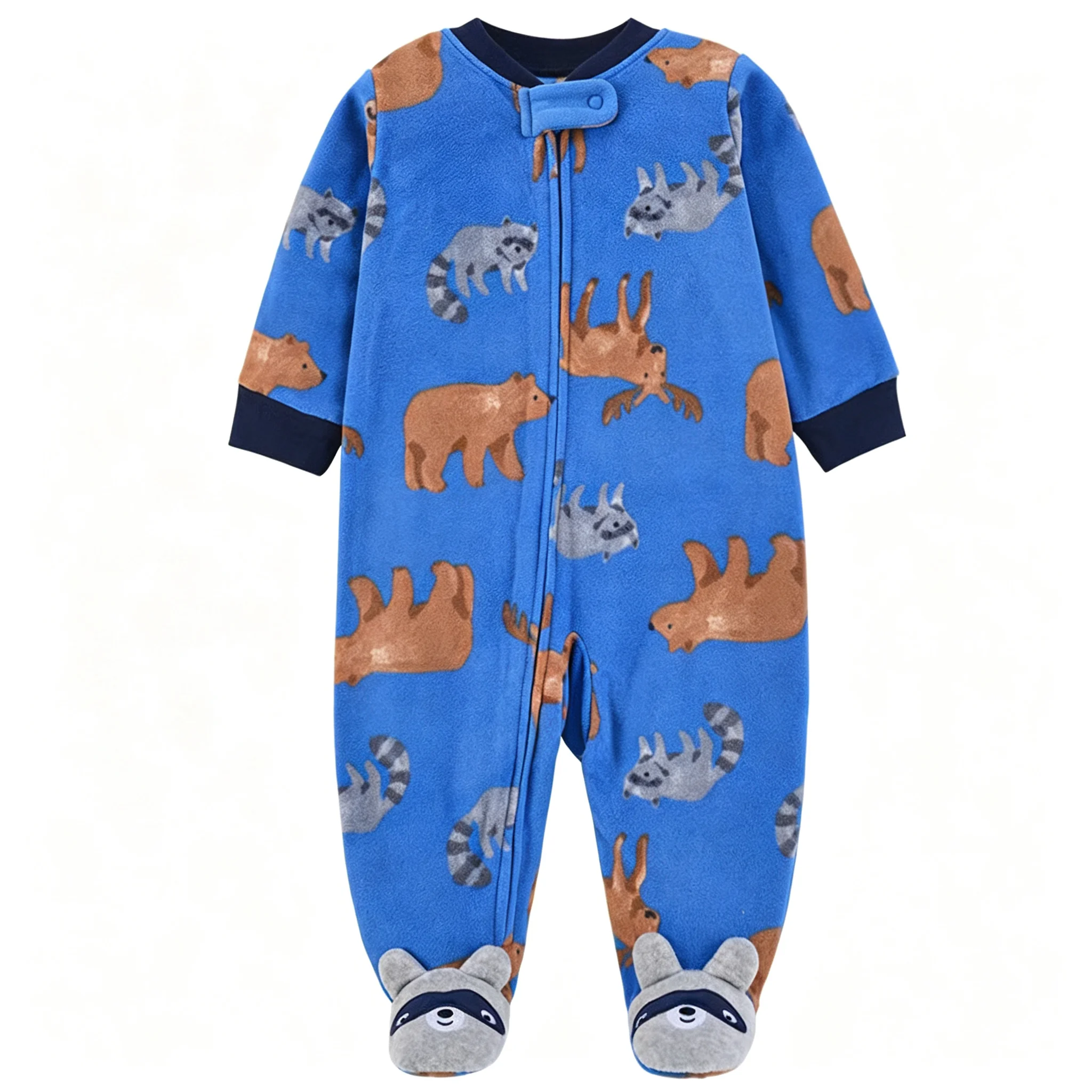 Baby Daily Footed One Piece Romper 3 to 12M, Comfort Polar Fleece Forest Animal Print Zip Jumpsuit
