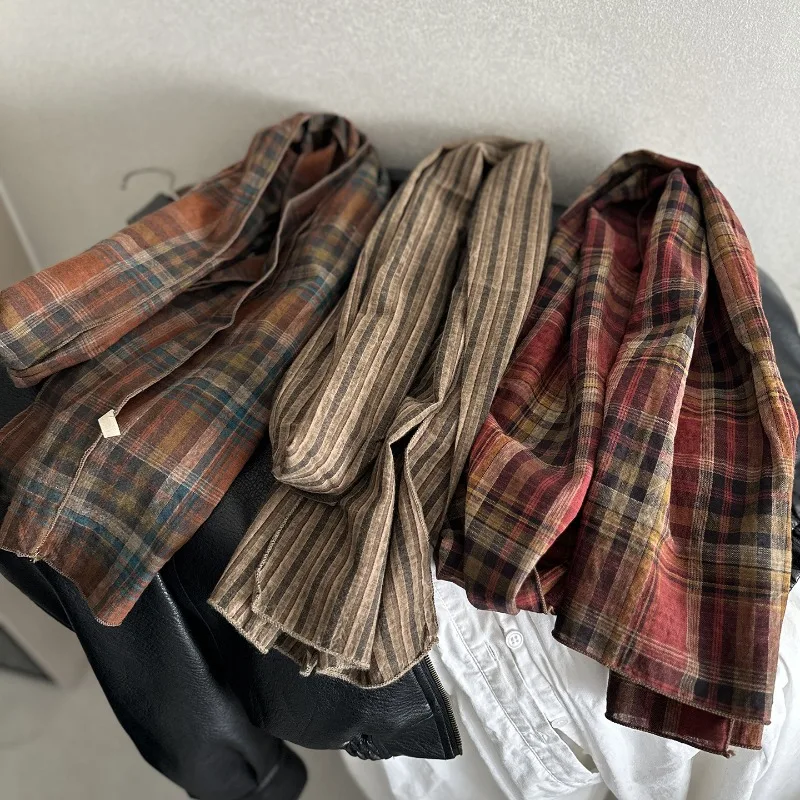 

Шарф из чистого хлопка в клетку, в ретро-стиле, тонкий, для весны, лета и осени, в винтажном литературном стиле, длинная шаль с эффектом потертости.