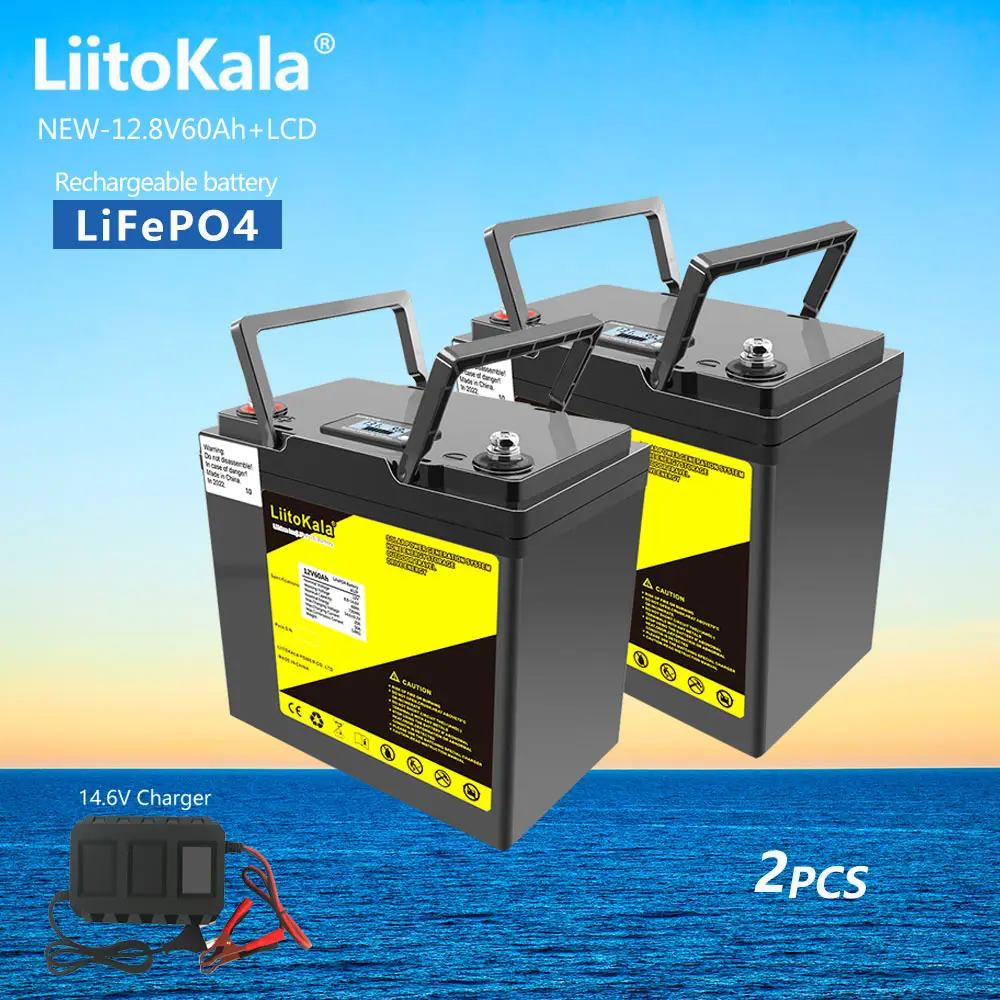 2PCS 12V 60Ah LCD LiFePO4 Battery Lithium Iron Phosphate Cells 4000 Cycles For RV Campers Golf Cart Off-Road Off-grid Solar