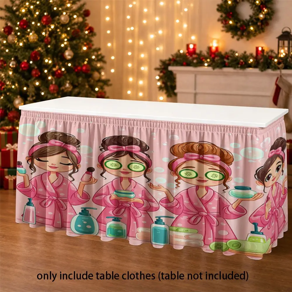 Cute pink shawl girl with cucumber slices and skincare patterns. Home decoration, dining table, office desk, party tablecloth.