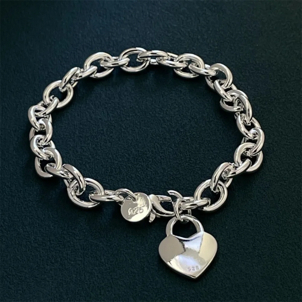 20 سنتيمتر 925 فضة سلسلة سوار على شكل قلب ، الرجال النساء قفل ، هدية الزفاف حفلة خطوبة حلية ، مجوهرات الأزياء