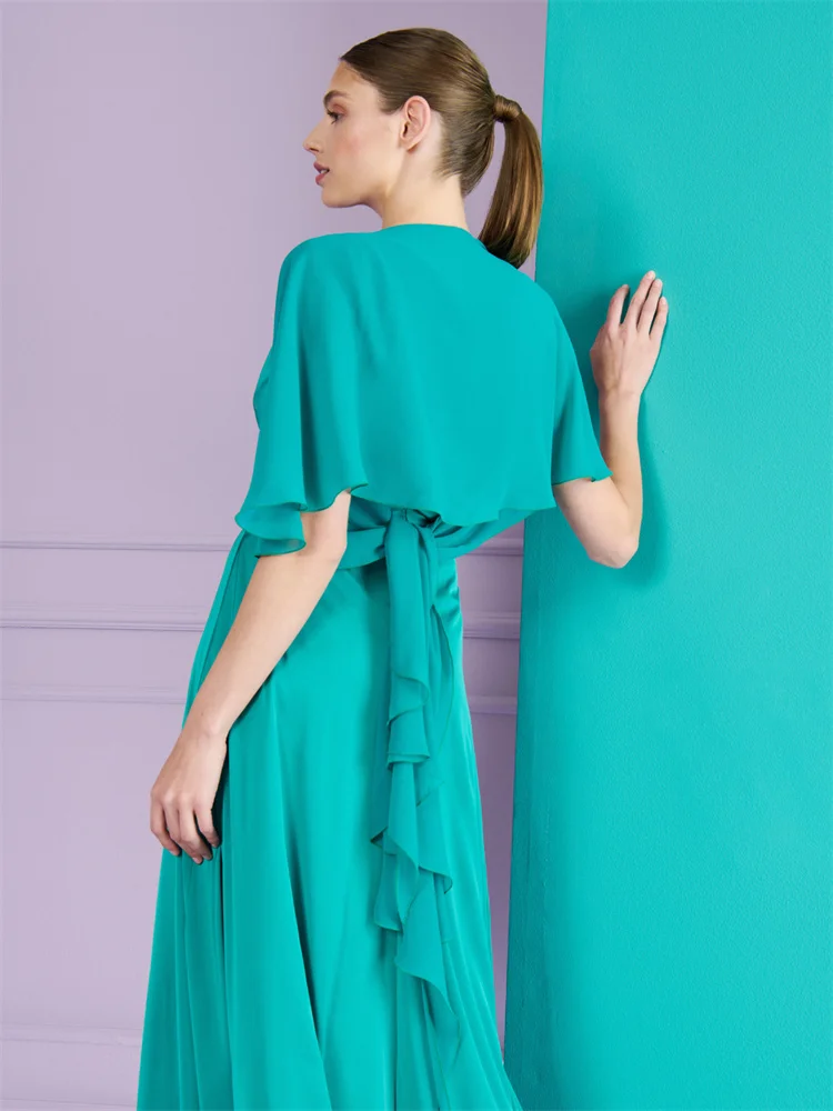 Customized V Neckline With Cloak Sleeveless Jade Green Chiffon A-Line Evening Dress Sexy Back Zipper Floor Length Gown For Women