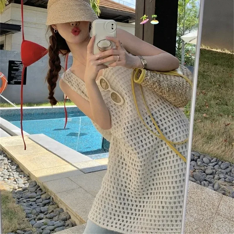 Spring Summer Knitted Vest Dress Women's Mid-Length Pure Color Design Sensation Hollow out Layering Dress Sleeveless Gown - Image 4