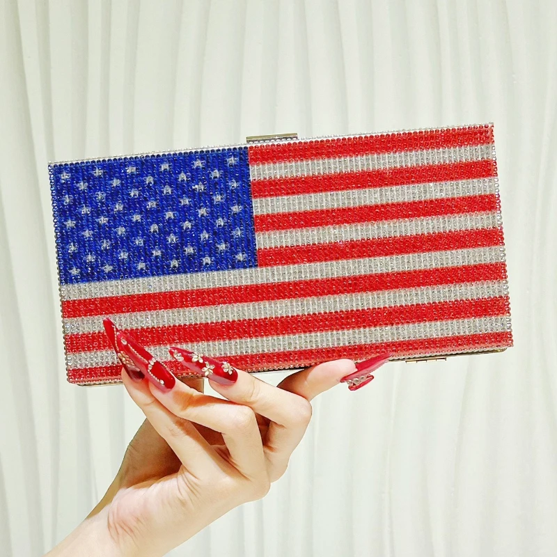 Dazzling Diamond-Encrusted Evening Bag American Flag Banquet Dress Dinner Clutch Purse  Sparkling Wedding Handbag Bolso Fiesta