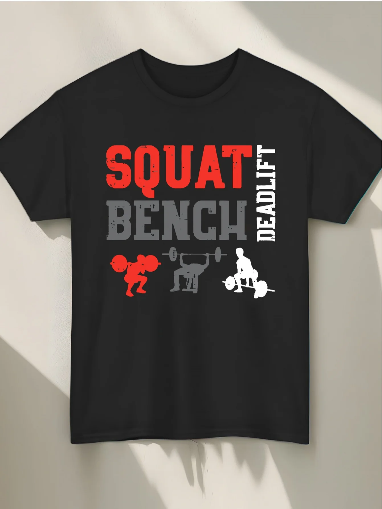 1pc, One Men'S T-Shirt - Gym Powerlifting Training T-Shirt with Geometric Squat, Bench Press, Deadlift Design, Short Sleeves, Ro